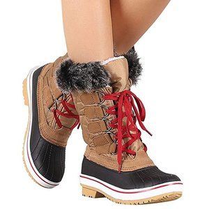 Wild Diva Women's Faux Fur Lined Lace Up Mid-Calf Quilted Duck Rain Snow Boots